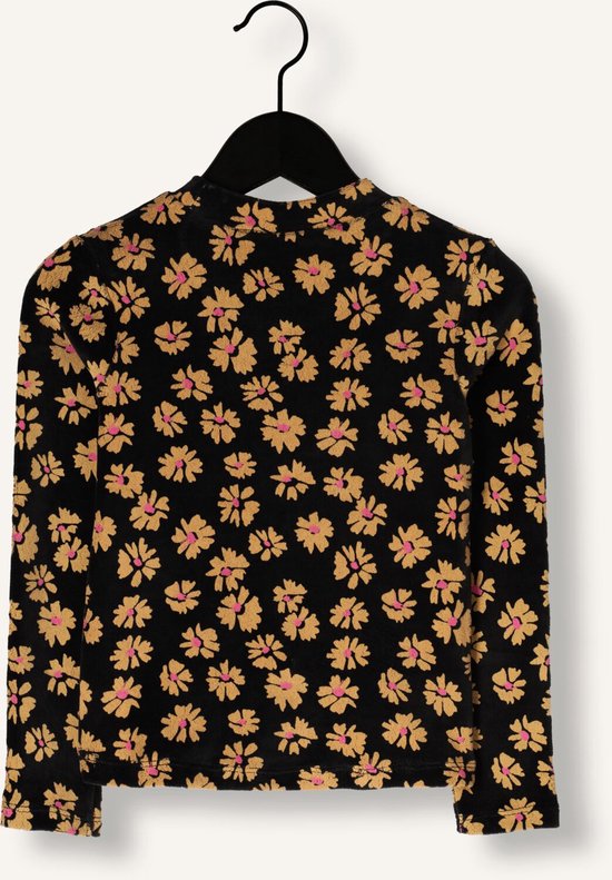 Zwart shirt met all-over print van gele bloemen met roze hartjes. Met ronde hals en lange mouwen. Achteraanzicht.