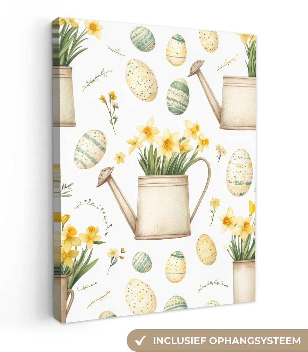 Canvas schilderij 30x40 cm - Exclusieve wanddecoratie Gieter - Bloemen - Eieren - Muurdeco