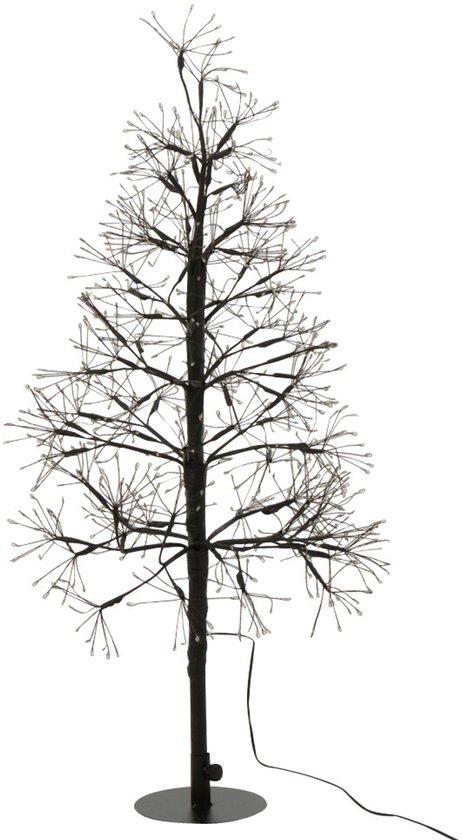 Petit arbre décoratif noir avec des lumières sur fond blanc.