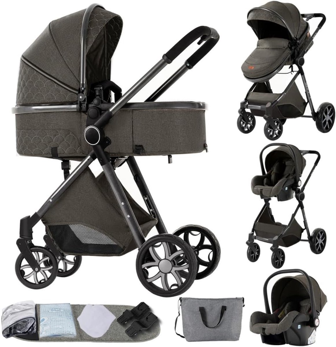 Image of 3-in-1 Kinderwagen met Omkeerbare Stoel en Rijke Accessoires – Opvouwbare Grote Buggy in Donkergrijs