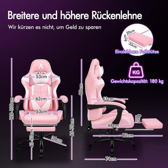 Gamingstoel met Massagepunten en Inklapbare Voetensteun - Ergonomische Racingstoel, Hoogte Verstelbaar, Draagvermogen 180 kg, Roze van Merkloos — afbeelding 2