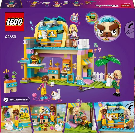 Boîte LEGO Friends 42650 Boutique d'accessoires pour animaux, vue arrière avec différentes scènes.