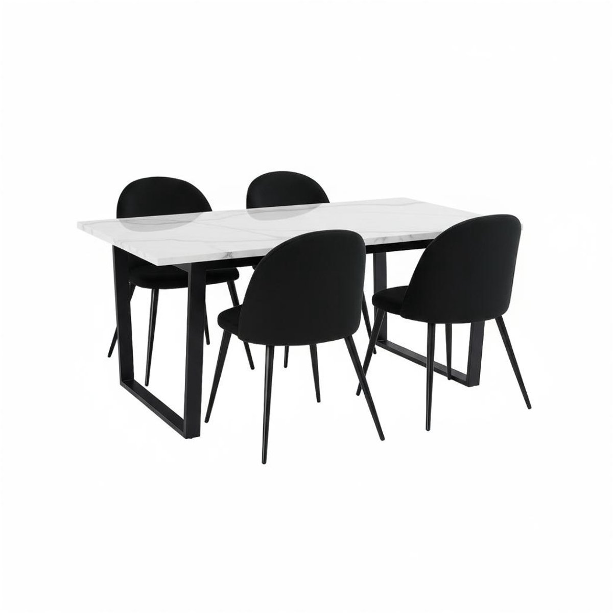 Tilst eethoek eettafel wit marmerprint 90x160 4 stoelen velours zwart.
