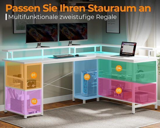 Gamingbureau met LED-verlichting, omkeerbaar en groot hoekbureau met extra stopcontacten en USB-poorten van Merkloos — afbeelding 4