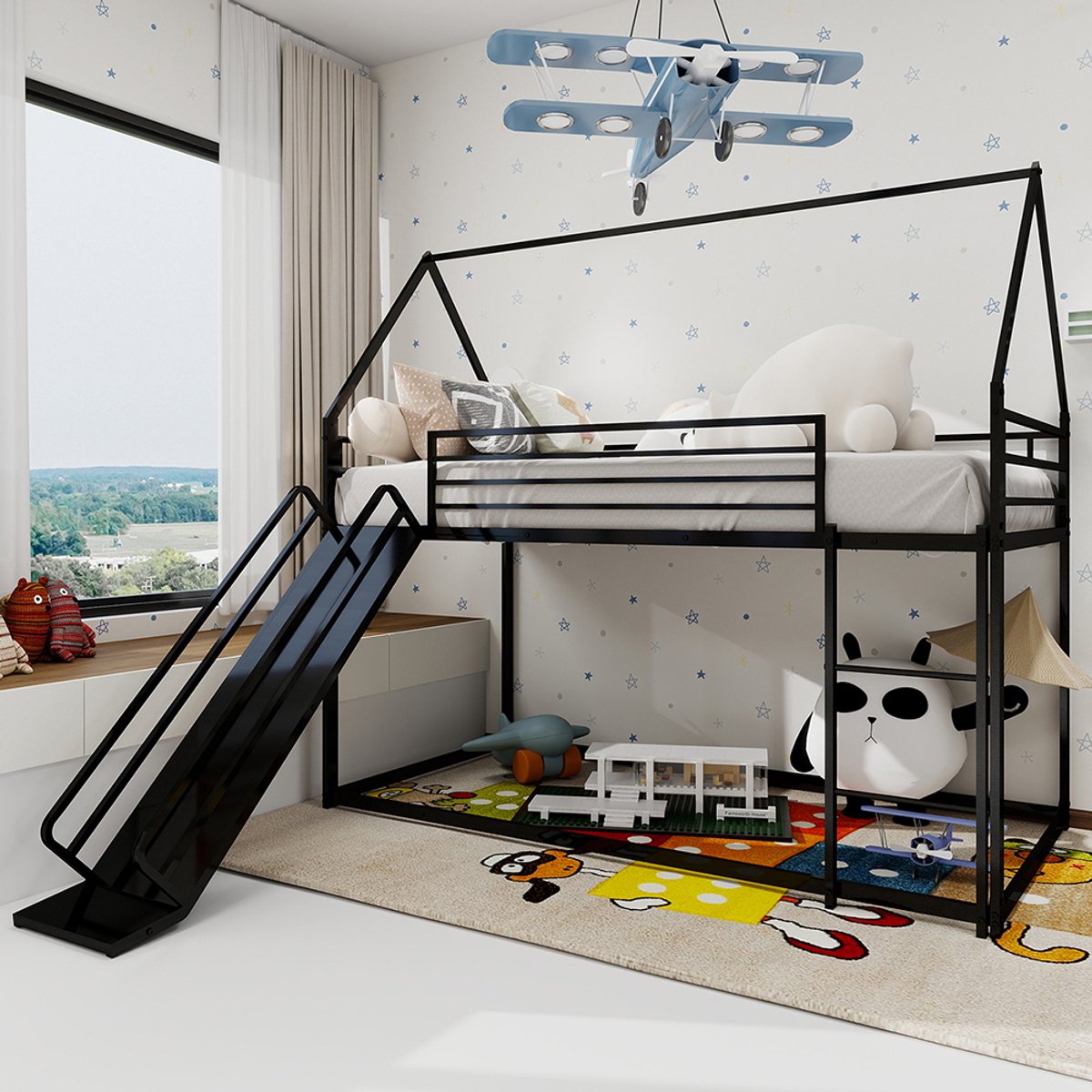 BLACKCOLORS Twin over Twin stapelbed met glijbaan voor kinderkamer, bedframe in de vorm van een huis met ladder, geen lattenbodem nodig en eenvoudig te monteren