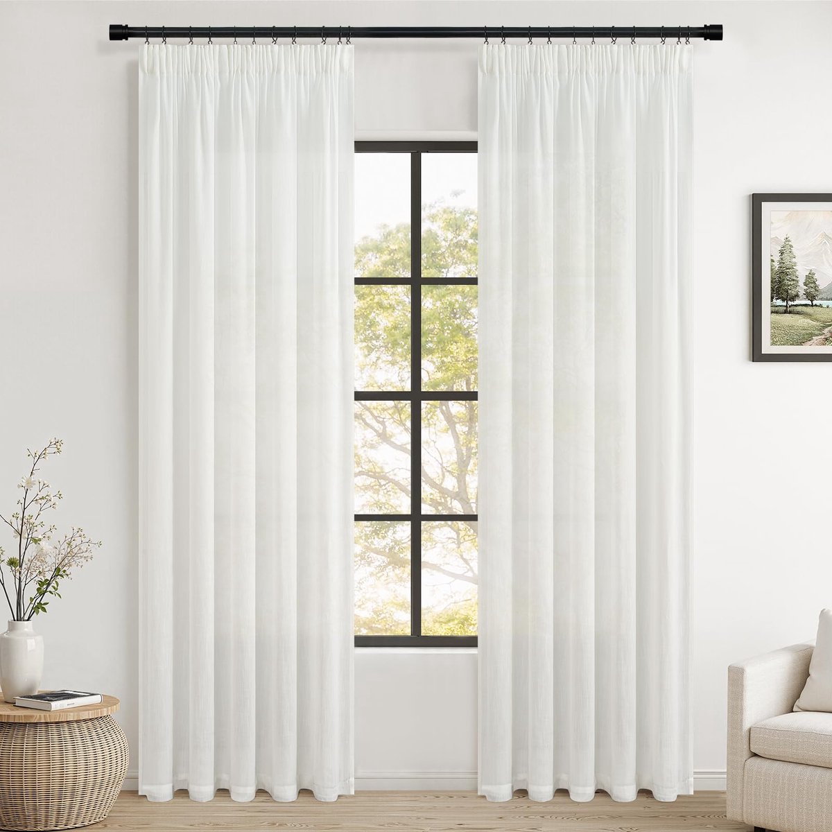 Ibenzoa Set van twee halftransparante boho gordijnen met krullint 225x140 cm wit