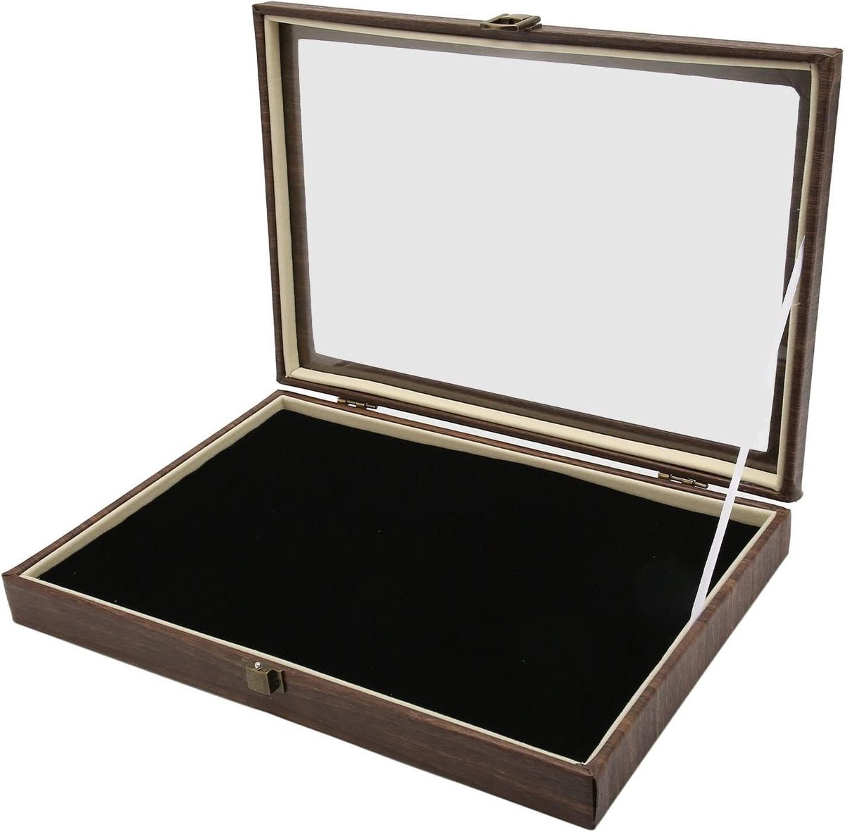 Allecto plus - PU-lederen sieradenopberger met fluwelen reversspeldje - Zwarte Pinvitrine voor sieraden - Multifunctionele doos met stofdicht venster