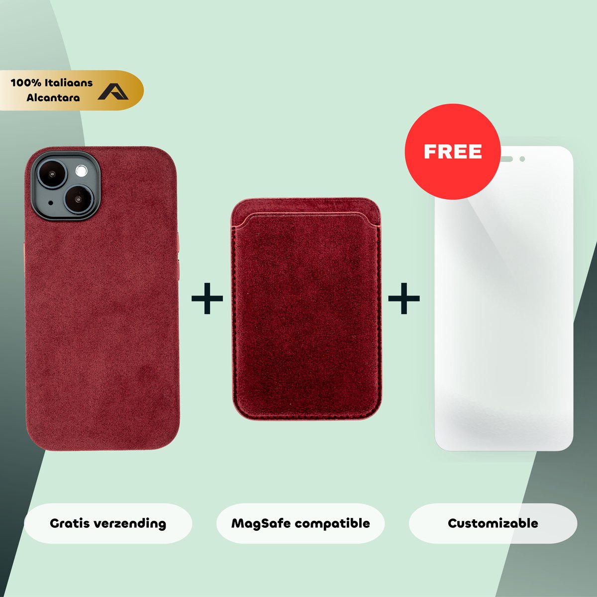 iPhone 14 – Alcantara Case + MagSafe Wallet + Gratis Screenprotector | Ruby Red