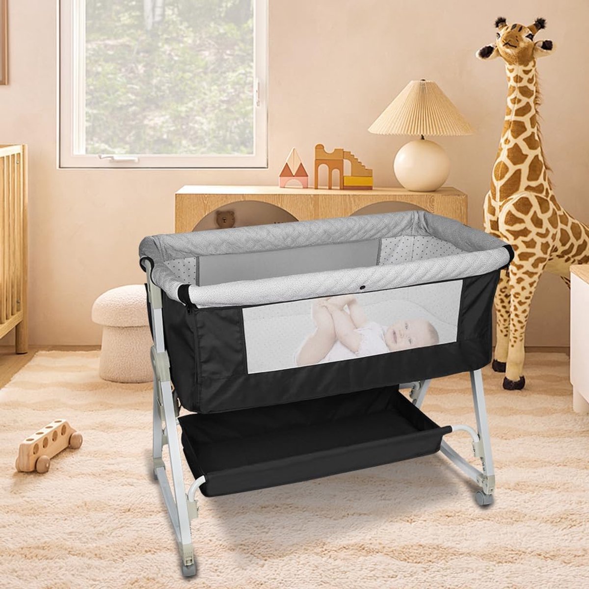 Image of 3-in-1 Bijzetbed en Co-sleeper voor Baby - Hoogte Verstelbaar Reisbed met Zacht en Wasbaar Mattres