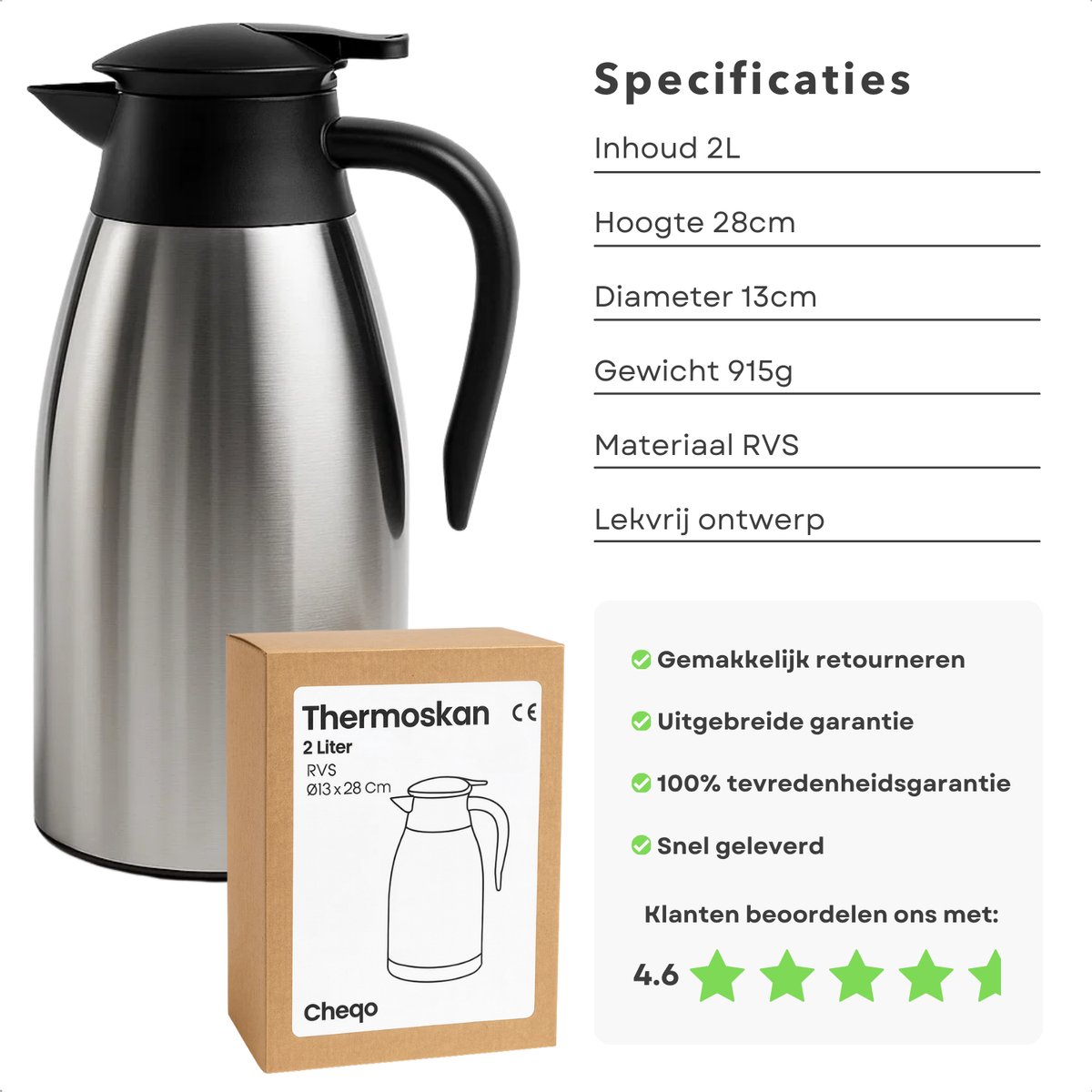 Cheqo® Thermoskan 2 Liter - RVS Thermoskan - Dubbelwandige Thermoskan - Lekvrije Thermoskan - Isolerende Kan - Warme en Koude Dranken - Thermoskan met Handgreep - 1-Hand Bediening - Roestvrij Staal - Thermoskan voor Koffie — cadeau in Koken & Dineren - foto 6