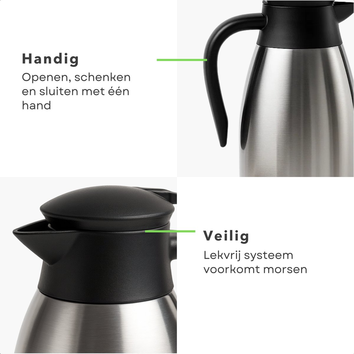 Cheqo® Thermoskan 2 Liter - RVS Thermoskan - Dubbelwandige Thermoskan - Lekvrije Thermoskan - Isolerende Kan - Warme en Koude Dranken - Thermoskan met Handgreep - 1-Hand Bediening - Roestvrij Staal - Thermoskan voor Koffie — cadeau in Koken & Dineren - foto 7