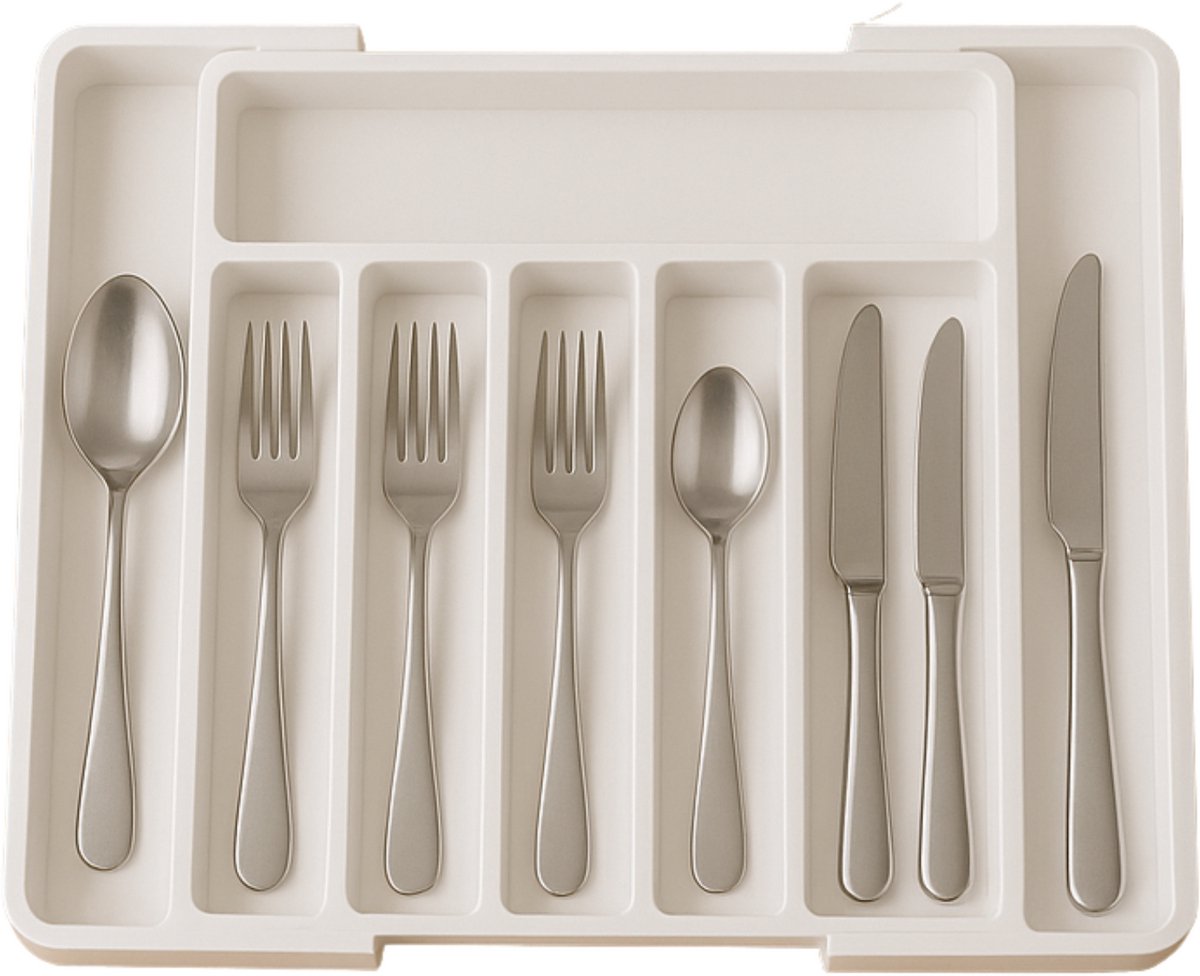 Lomera Verstelbare Bestekbak - Uitschuifbare Organizer - Keukenlade Organizer - Kunststof Bestekbak - 8 Vakken - Wit Bestekbak - Ladeverdeler - Bestekhouder Keuken - Duurzaam Kunststof - Lichtgewicht Ontwerp - Ruimtebesparend