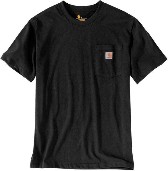 Zwarte Carhartt t-shirt met borstzak en oranje logo.
