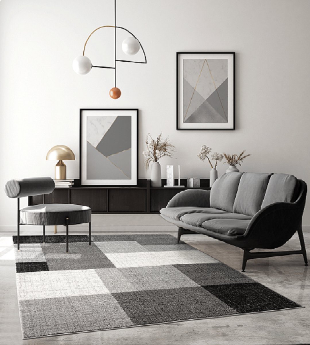 Modern Blokdesign Laagpolig Vloerkleed – Stijlvol, Warm & Tijdloos voor Elk Interieur Grijs-80 x 140 cm