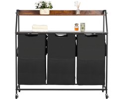 Wasmand, met 2 Niveaus met Metalen Frame en Houten Top, Rollende Mand met 3 Compartimenten, Ladderplanken en Duurzame 600D Oxford-Stoffen Tassen voor Het Sorteren van Kleding