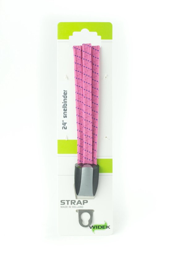 Roze snelbinder met paarse stippen en een zwarte/grijze sluiting op de verpakking.
