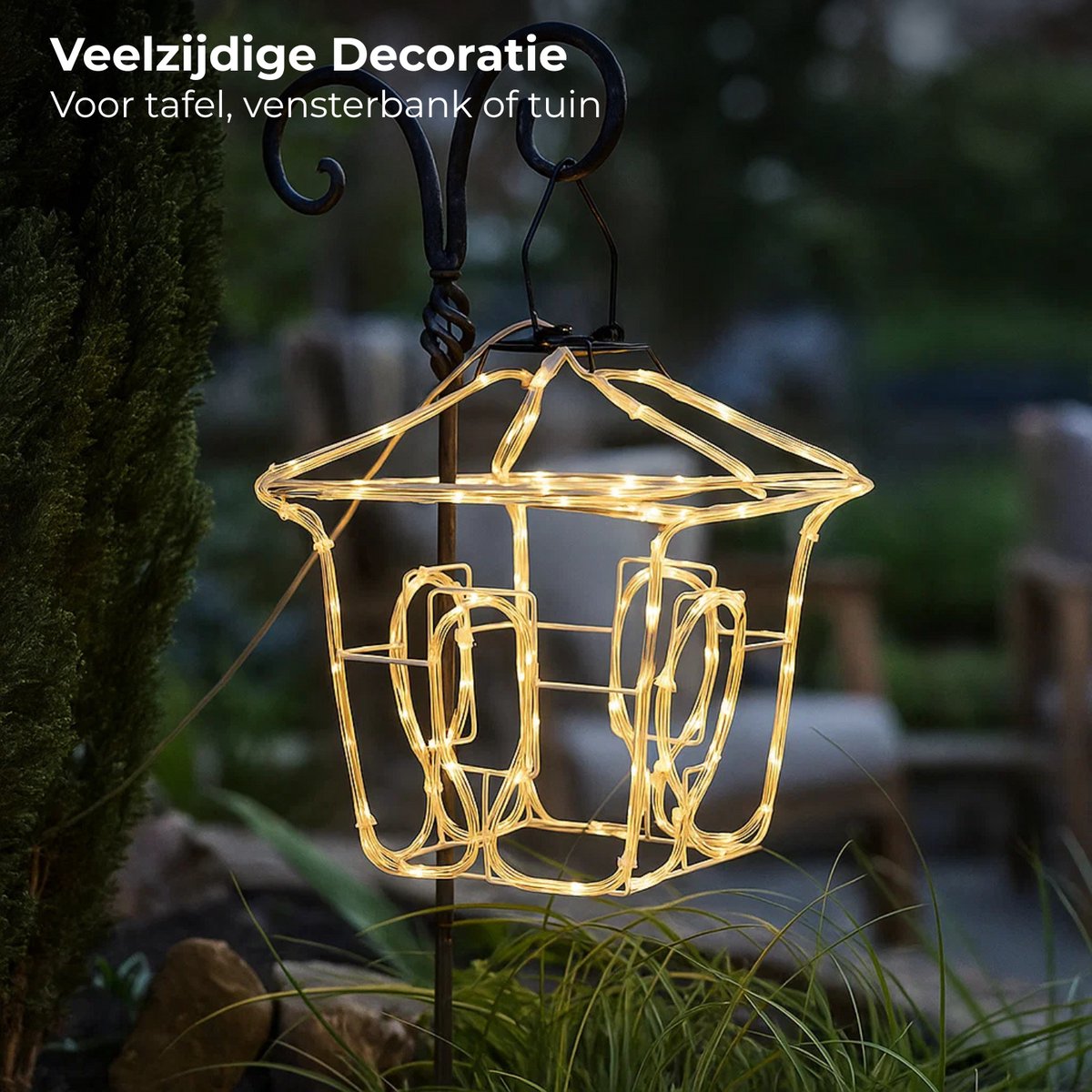 Lomera Kerstlantaarn LED - LED Slangverlichting - Op Batterijen - Automatische Timer - Binnen en Buiten - Warm Wit Licht - Metalen Lantaarn - IP44 Waterdicht - Kerstdecoratie - Sfeervolle Verlichting - LED Ropelight - 80 LED Lampjes – foto 5