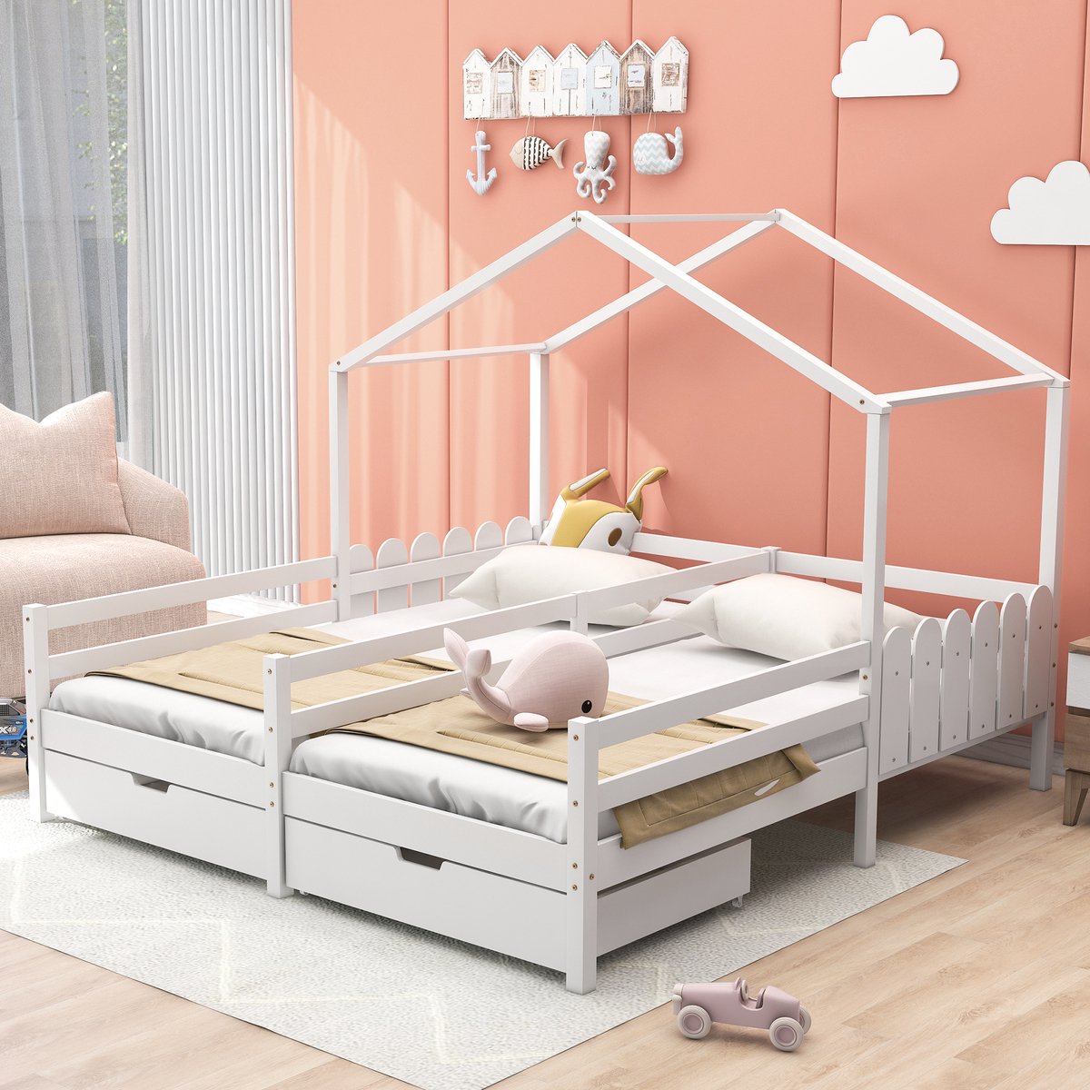 HAUSS SPOLE Peuterbed 90x200 – Kinderbed met 2 Lades op Rollen – Massief Houten Bed met Lattenbodem – Grenen – Wit