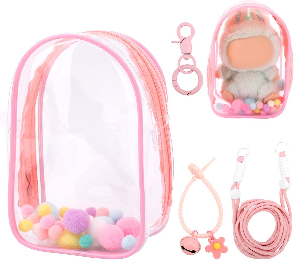 Doorzichtige Figuur Vitrine, Beschermhoes voor Pluchen Pop Opbergtas Draagbare Schoudertas van PVC Poppenhoes met Sleutelhanger Accessoires voor 15cm Poppen (Roze)