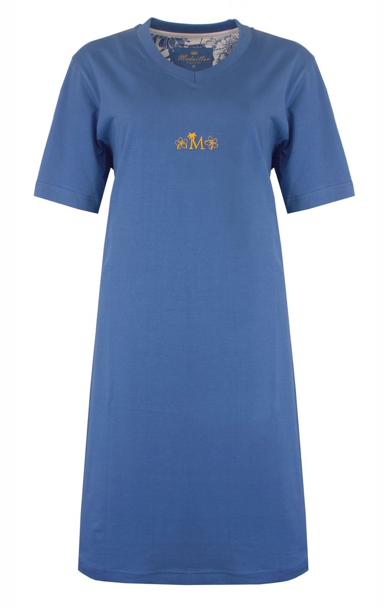Medaillon Dames Nachthemd - Korte Mouwen - Katoen - Licht Blauw