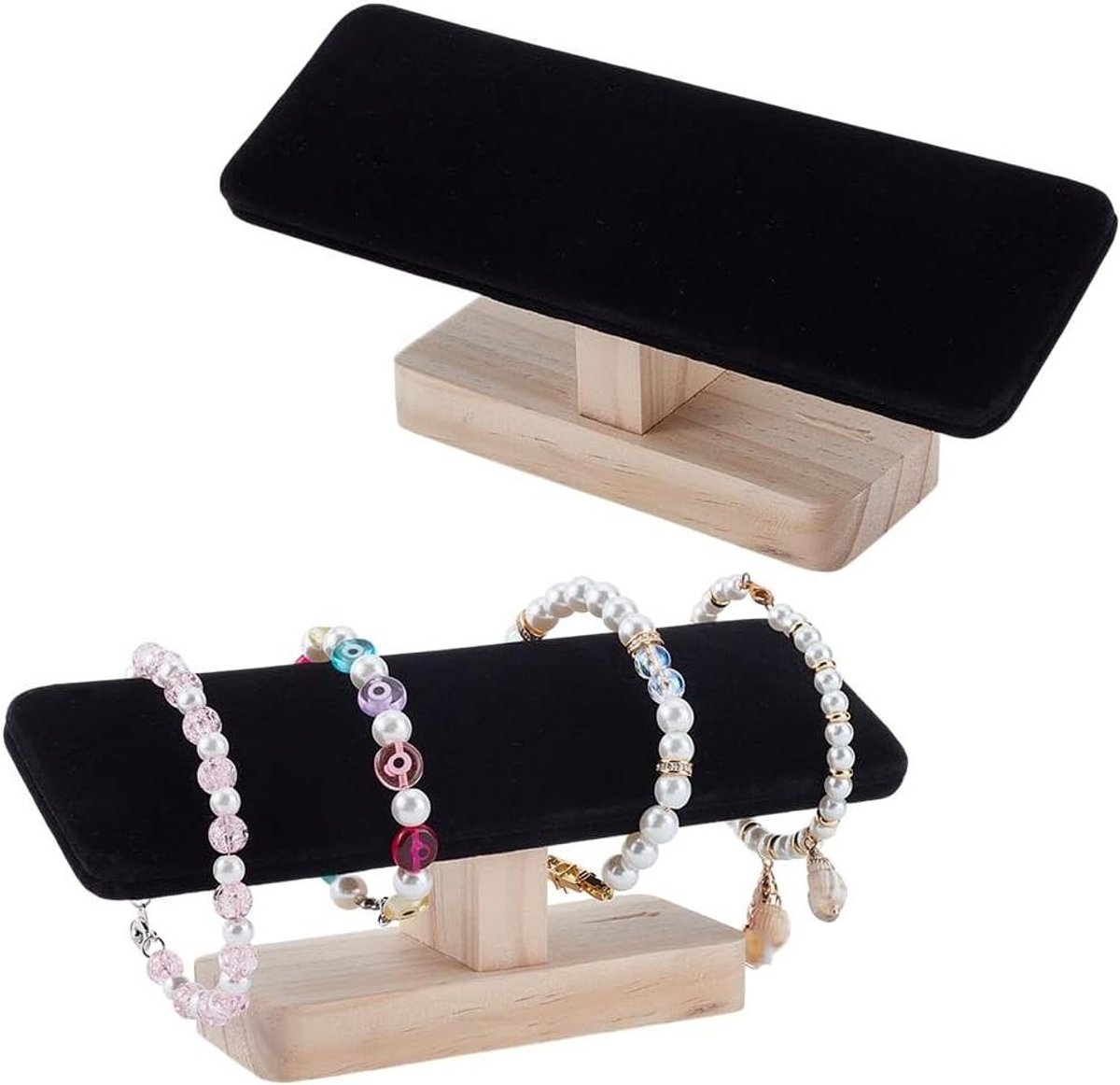 Allecto plus - Set van 2 houten horloge displaystandaards, armbandhouder sieraden display, verwijderbare bangle hangers voor thuisgebruik en retail display in zwart hout.