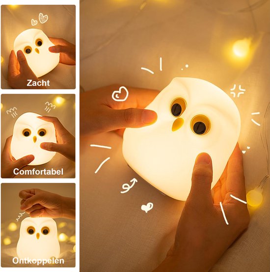 Ynkkvre - Schattige Uil Kinder Nachtlampje - USB Oplaadbare Dierlamp - Creatief Slaapkamer Nachtlampje voor Kinderen - Touch Control - Veilig Siliconen, ABS+PC Materiaal - Bedlampje - Wit van Ynkkvre — afbeelding 4