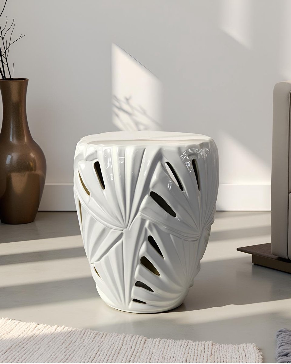 Fine Asianliving Keramische Kruk Botanische Bladen Wit Handgemaakt D33xH46cm Keramiek Bijzettafel Porselein Stoel Tuinkruk