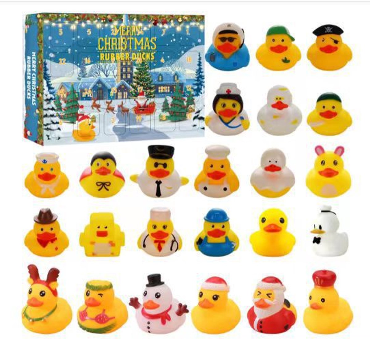 Daity Kerstadventskalender met 24 stressverlichtende rubberen eendjes; perfect voor jongens, meisjes en kinderen; geweldig als kerstcadeau, decoratie of als bedankje op een feestje (24 gele rubberen eendjes)