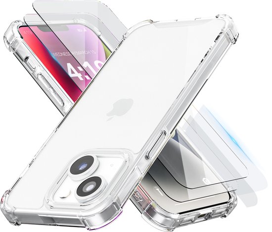 Coque transparente avec deux protecteurs d'écran en verre pour iPhone 14 Plus.