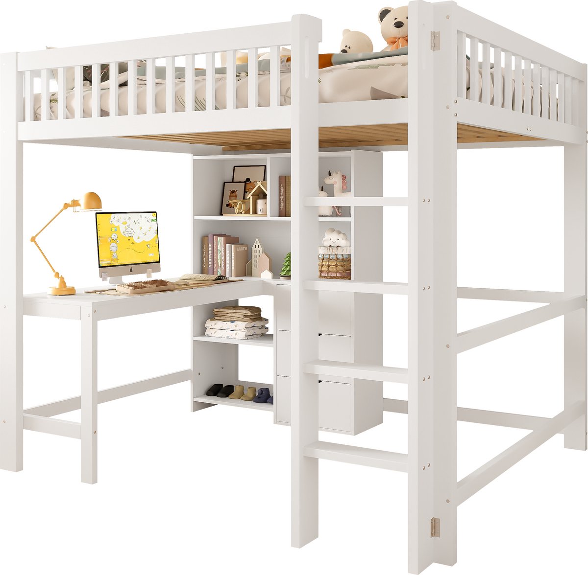 Merax Hoogslaper 140x200 cm – Houten Bed met Bureau en 3 Laden – Hoogbed met Opbergruimte en Veiligheidsrail – Kinderbed en Jeugdbed Wit (Zonder Matras)