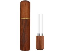 Gsedaox-WDT Tool - Koffie Tamper Met 6 Naalden -Natuurlijke Houten Handvat en Stand-Espresso Koffieroerder-Bruin