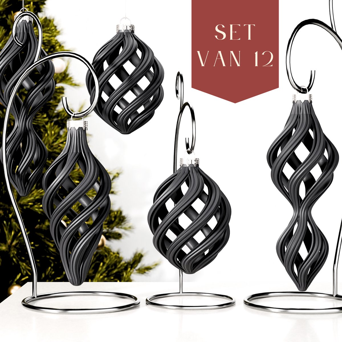 Fleuriek – Luxe Gedraaide Kerstballen – Mat Zwart, Set van 12 – Chique Moderne Kerstornamenten – Onbreekbaar & Herbruikbaar – Luxe Kerstdecoratie in Trendkleur
