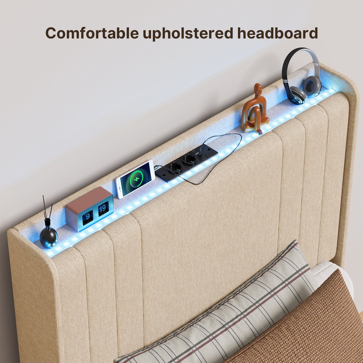 Xbro Gestoffeerd Bed 90 x 200 cm – met LED-Verlichting & USB/Type-C Oplaadpoort – Eenpersoonsbed met Hoofdbord en Lattenbodem – Beige — cadeau in Cadeau-ideeën - foto 6