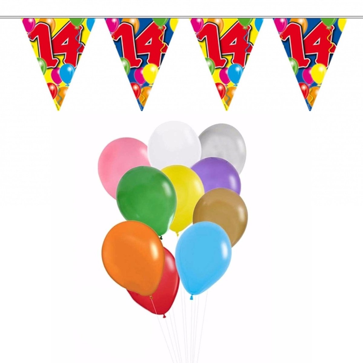 Folat Verjaardag 14 jaar feestartikelen set - 50x ballonnen - 2x leeftijd print vlaggenlijnen