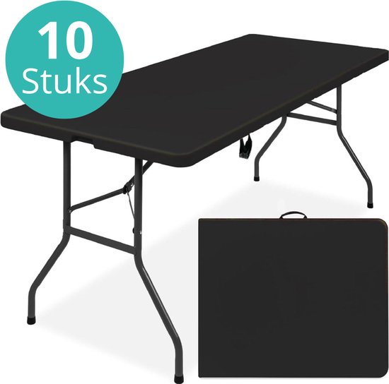 Zwarte, ingeklapte en uitgeklapte tafel, met een cirkel met '10 Stuks' erop.