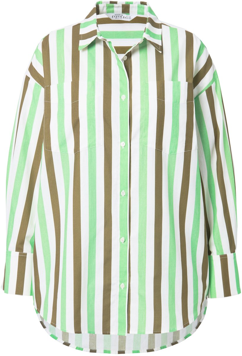 Studio Untold - Dames - Overhemdblouse oversized strepen lange mouwen - Donkerolijf - Maat 50+
