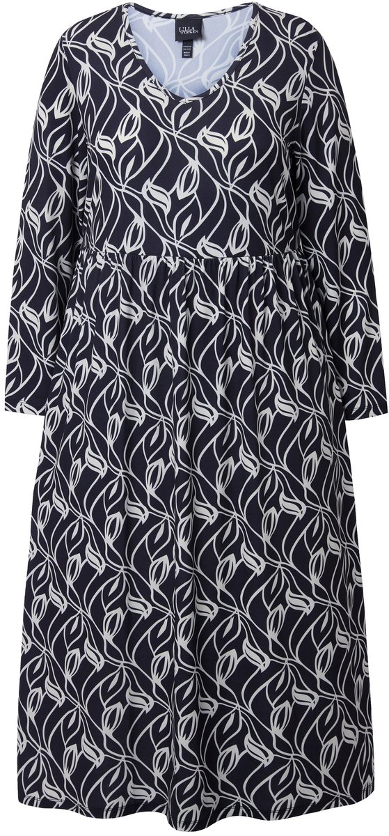 Ulla Popken Dames - Maxi-jurk A-lijn V-hals lange mouw zakken - Zwart - Maat 42+