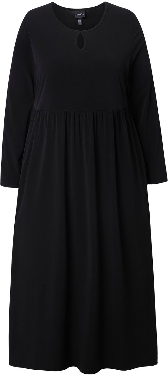 Ulla Popken Dames - Maxi-jurk A-lijn ronde hals lange mouw zakken - Zwart - Maat 54+