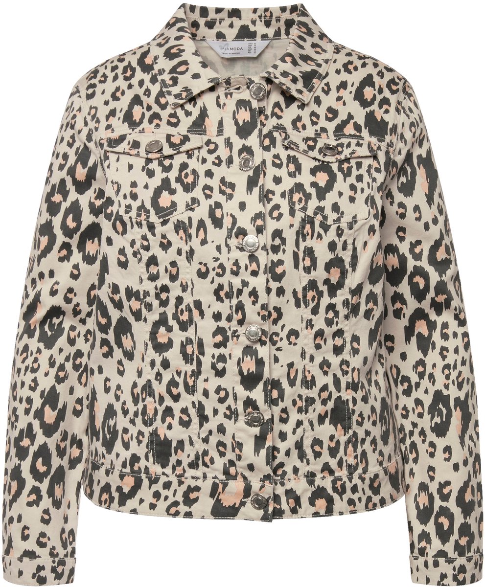 MIAMODA - Dames - Denim jas luipaard-patroon overhemdkraag lange mouwen - Donker kiezel - Maat 54