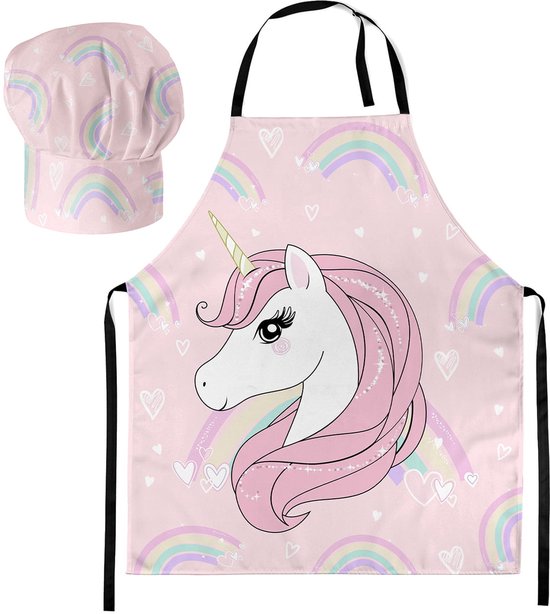 FEROCITY - Set de cuisine pour enfants : toque de chef et tablier, 2 pièces, avec velcro, unisexe, arc-en-ciel