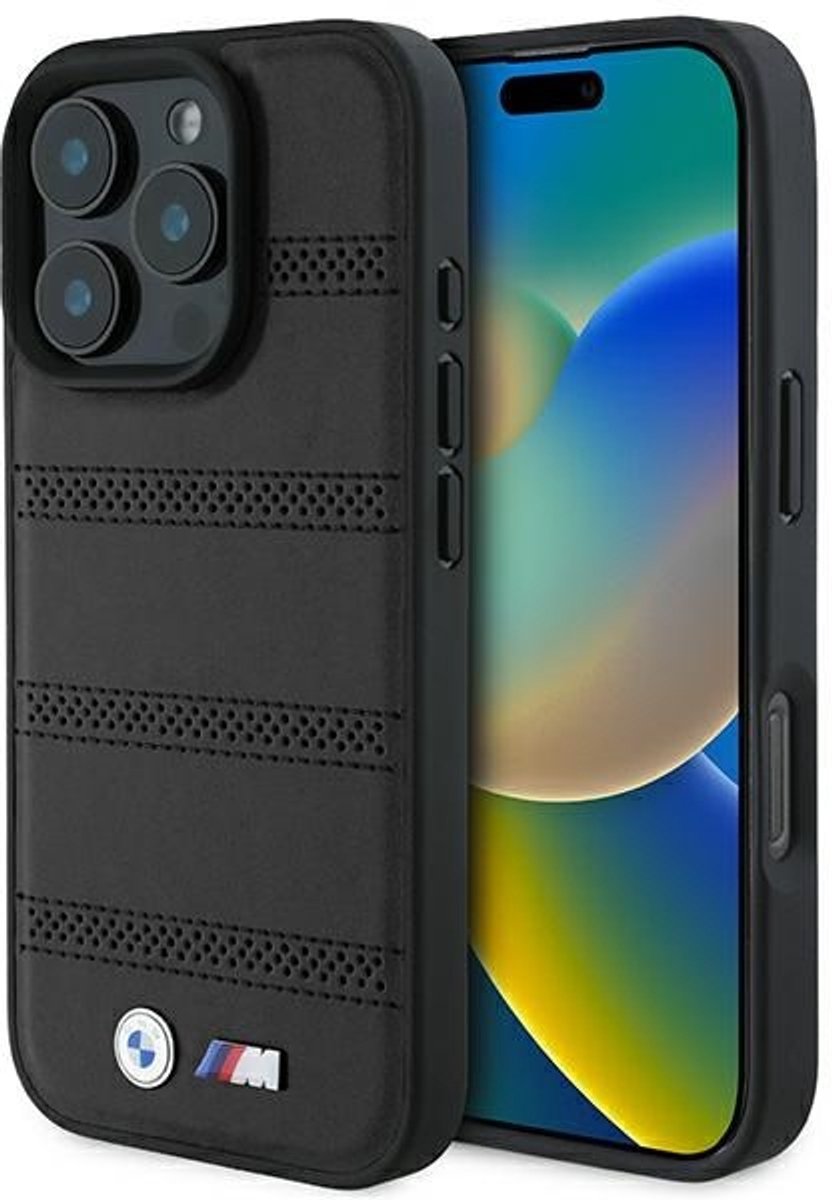 BMW Back cover - iPhone 16 Pro - Zwart - Geperforeerd Leer - Schokabsorberende Randen