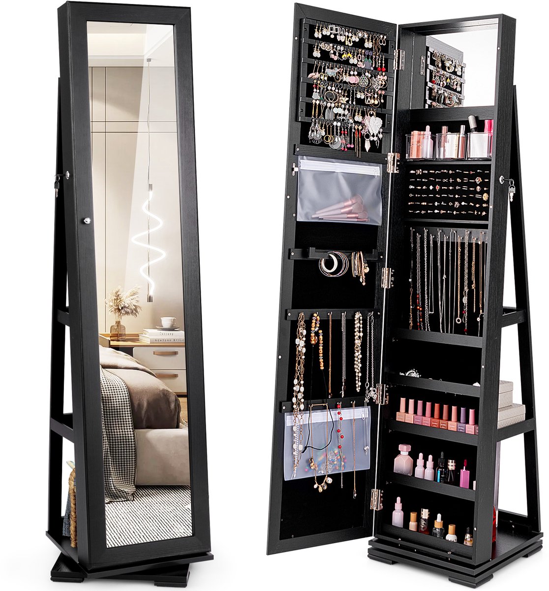 COSTWAY Sieradenkast, spiegelkast met full-body spiegel en ingebouwde make-upspiegel, 360 