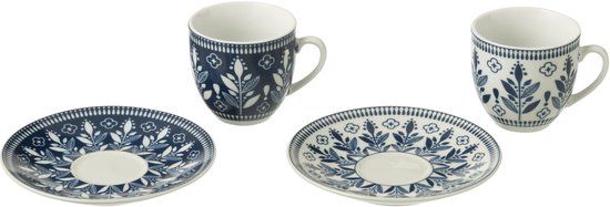 J-Line tasse + sous-tasse Feuilles - céramique - bleu foncé - boîte de 6