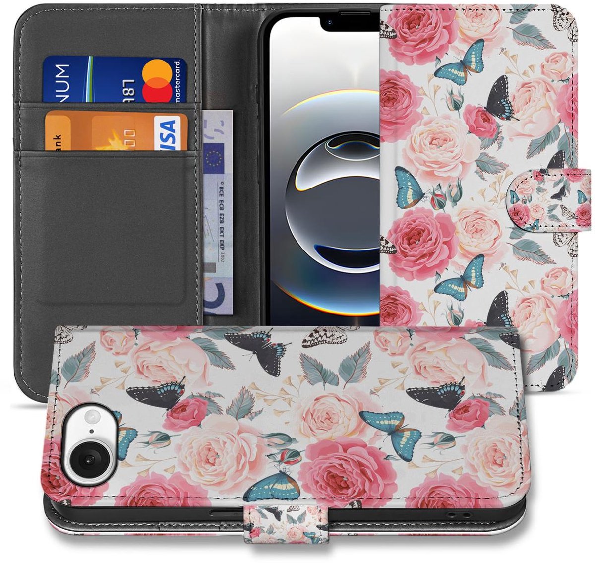 Book Case voor iPhone 16e/17e Hoesje Butterfly Roses