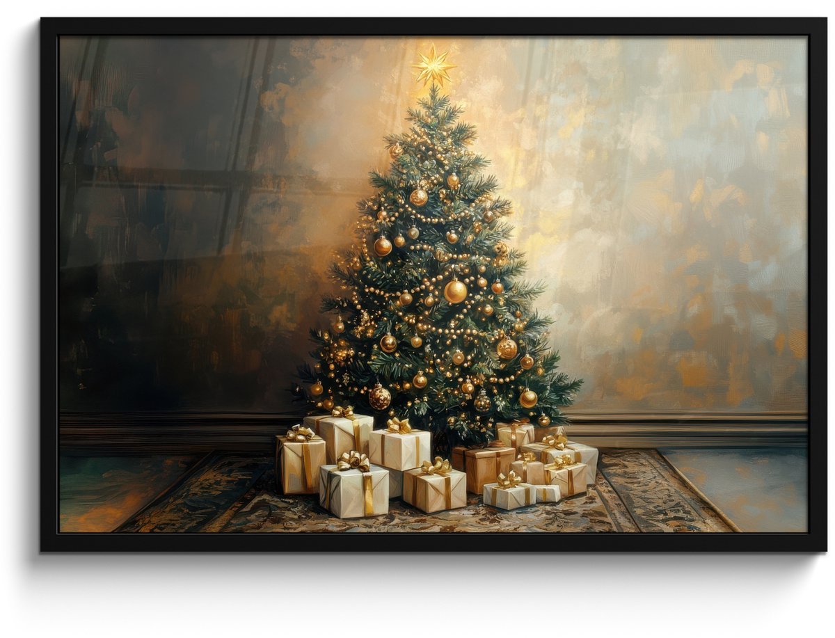 FrameYourWall Poster in lijst - Fotolijst 90x60 cm - Posters - Kerstboom - Cadeaus - Goud - Posterlijst zwart - Decoratie - Wanddecoratie woonkamer - Muurdecoratie slaapkamer - Kerstversiering - Kerstdecoratie voor binnen - Kerstmis