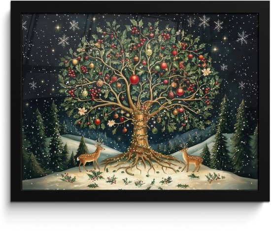 Poster in lijst - Fotolijst 40x30 cm - Posters - Feestboom - Winterhemel - Kleurrijk - Posterlijst zwart - Decoratie - Wanddecoratie woonkamer - Muurdecoratie slaapkamer - Kerstversiering - Kerstdecoratie voor binnen - Kerstmis