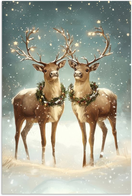 Poster 60x90 cm - Kerstmagie - Winterwoud - Rendier - Posters - Kamer decoratie - Wanddecoratie woonkamer - Muurdecoratie slaapkamer - Kerstversiering - Kerstdecoratie voor binnen - Kerstmis