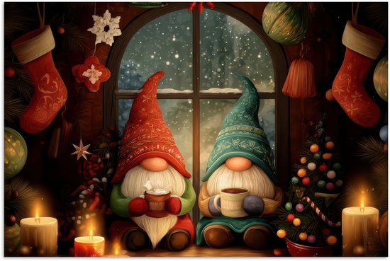 Poster 90x60 cm - Gnooms - Kerst - Raam - Kleurrijk - Posters - Kamer decoratie - Wanddecoratie woonkamer - Muurdecoratie slaapkamer - Kerstversiering - Kerstdecoratie voor binnen - Kerstmis