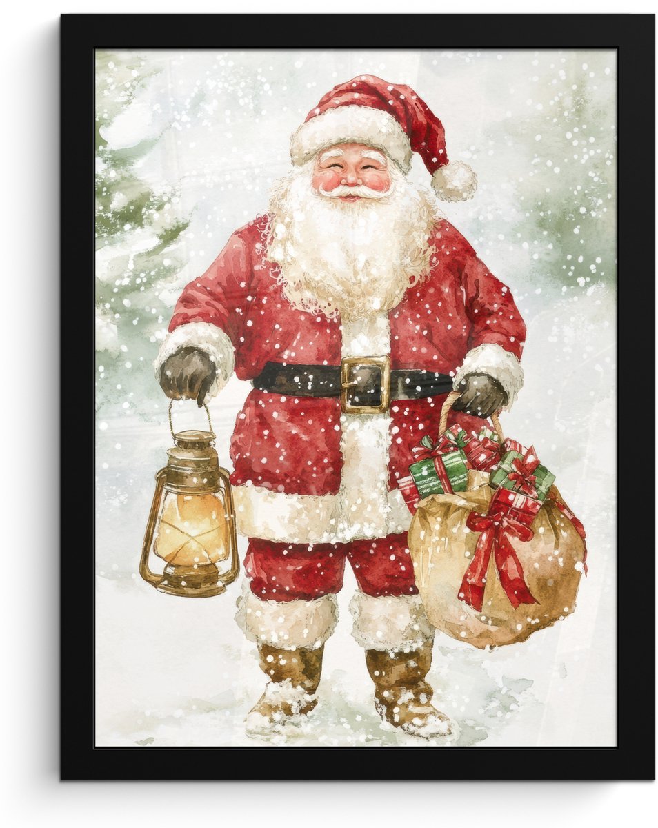 FrameYourWall Poster in lijst - Fotolijst 30x40 cm - Posters - Kerstman- Winter - Sneeuw - Wit - Rood - Posterlijst zwart - Decoratie - Wanddecoratie woonkamer - Muurdecoratie slaapkamer - Kerstversiering - Kerstdecoratie voor binnen - Kerstmis