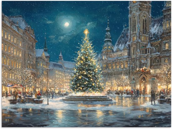 Poster 40x30 cm - Kerstnacht - Stadsplein - Meerkleurig - Posters - Kamer decoratie - Wanddecoratie woonkamer - Muurdecoratie slaapkamer - Kerstversiering - Kerstdecoratie voor binnen - Kerstmis